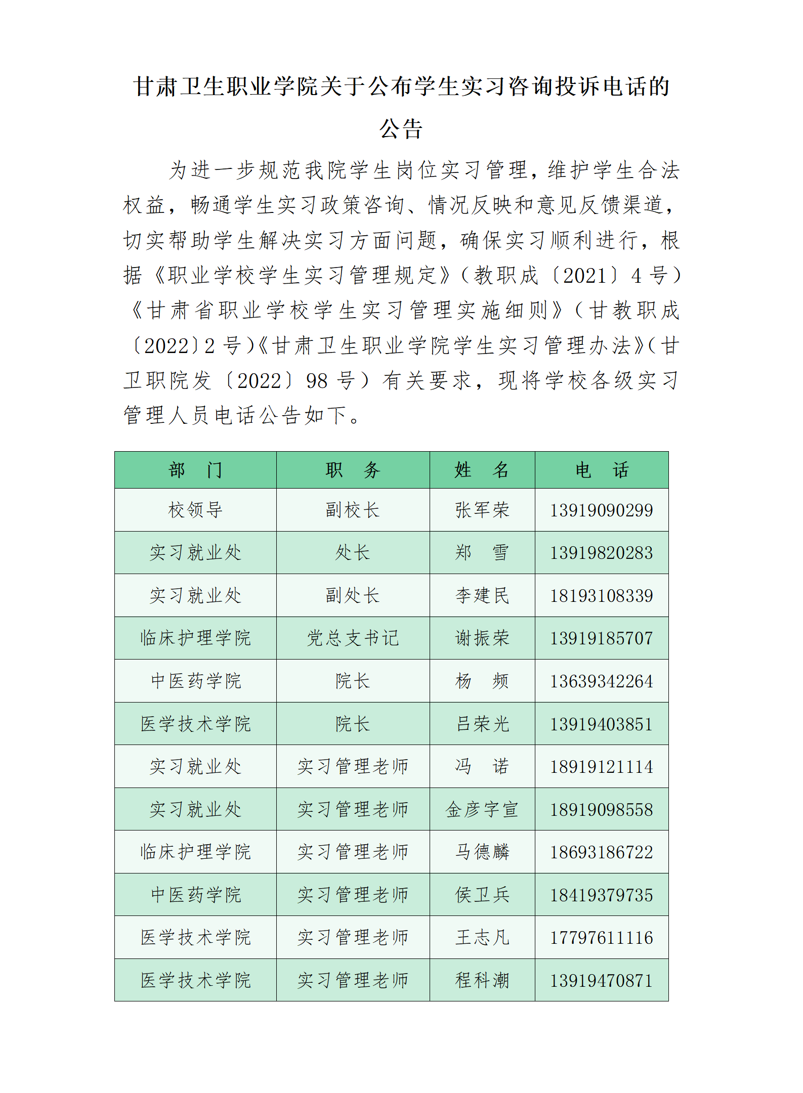 1686902360216066852.png 230616甘肃卫生职业学院关于公布学生实习咨询投诉电话的公告_01.png